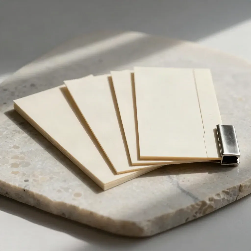 Taş zeminde yayılmış tipografi kartları, ince örnek şerit ve metal klipsli premium flatlay.